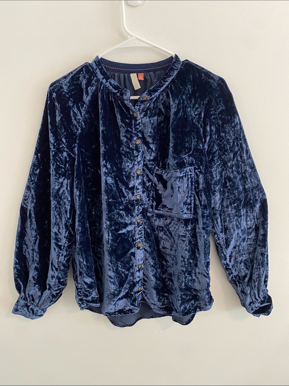 Anthropologie Pilcro Crushed Velvet Ruffle Neck Midnight Blue Shirt Medium